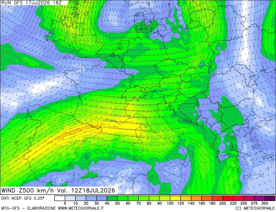 mappa 500 hPa Vento forza e direzione