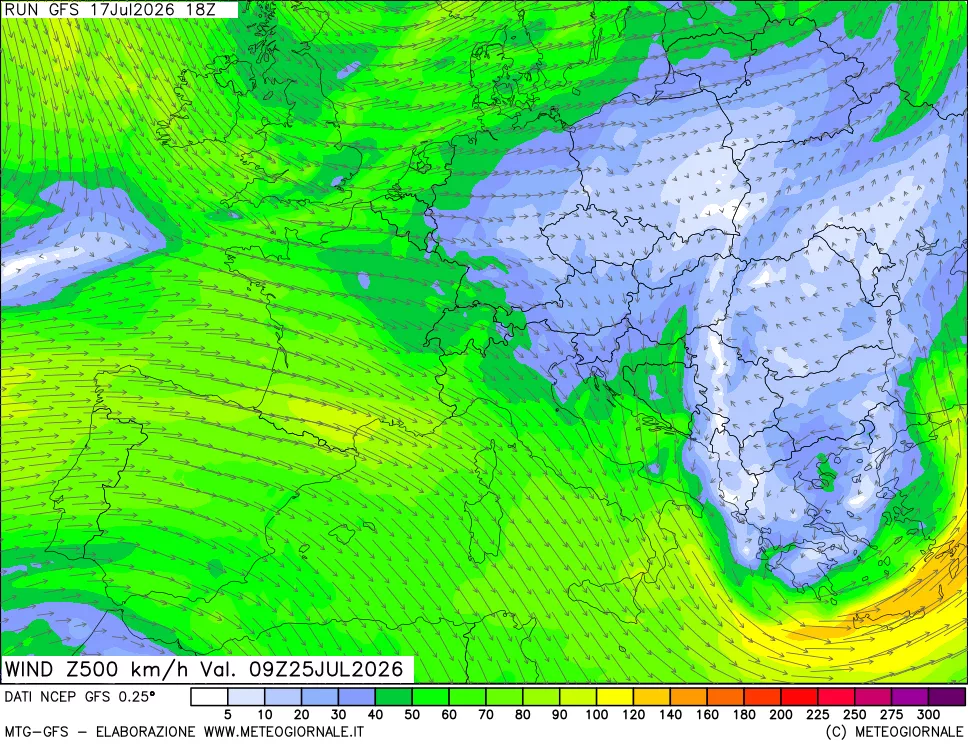 mappa 500 hPa Vento forza e direzione
