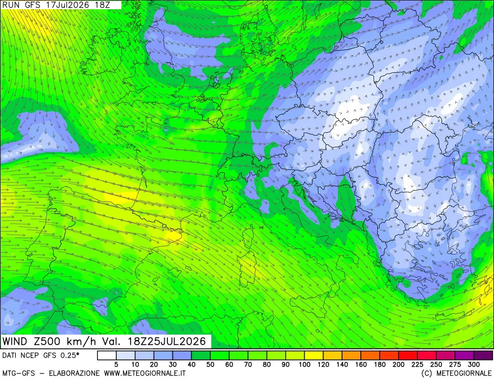 mappa 500 hPa Vento forza e direzione