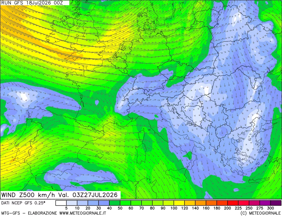 mappa 500 hPa Vento forza e direzione
