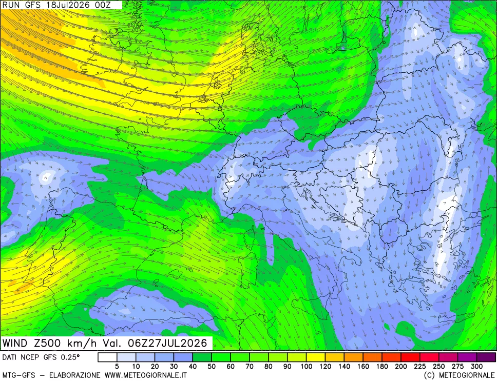 mappa 500 hPa Vento forza e direzione