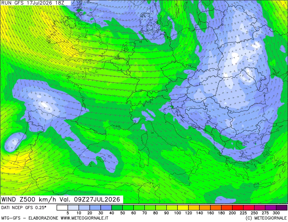 mappa 500 hPa Vento forza e direzione