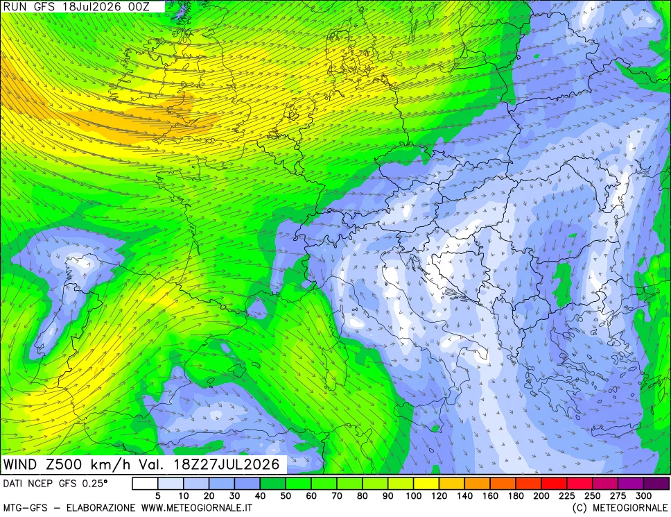 mappa 500 hPa Vento forza e direzione