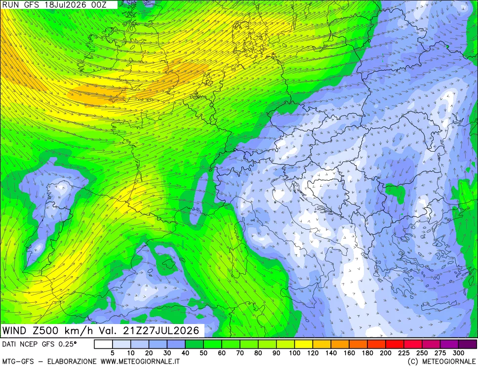 mappa 500 hPa Vento forza e direzione