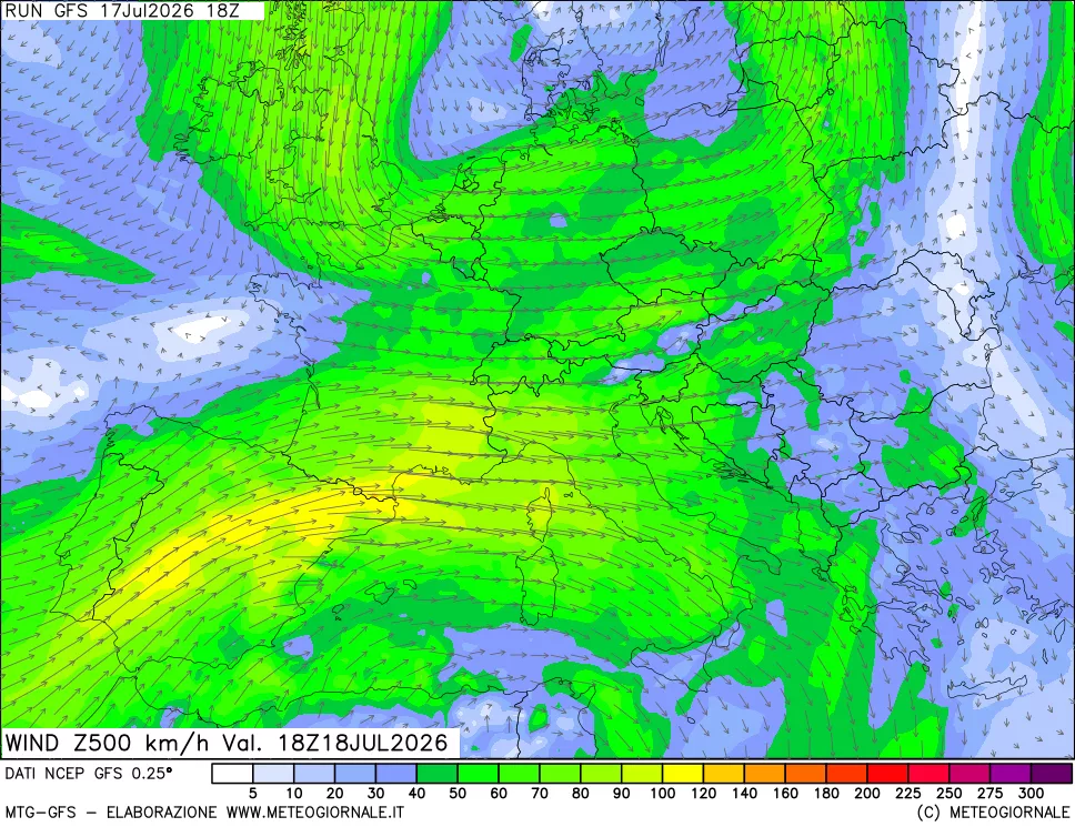 mappa 500 hPa Vento forza e direzione