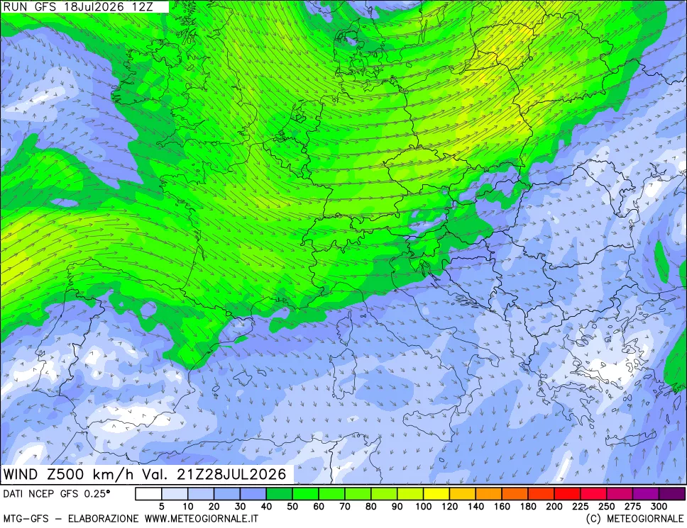 mappa 500 hPa Vento forza e direzione