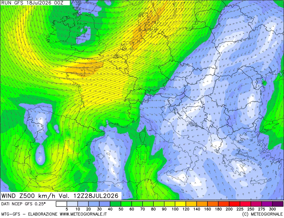 mappa 500 hPa Vento forza e direzione