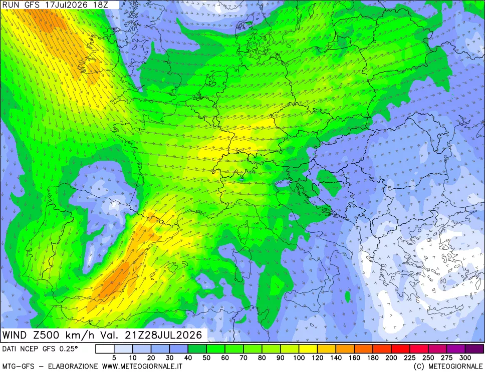 mappa 500 hPa Vento forza e direzione