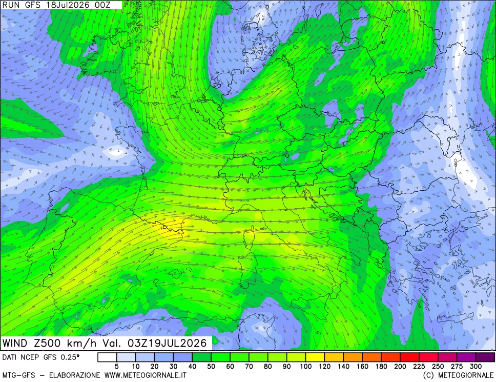 mappa 500 hPa Vento forza e direzione