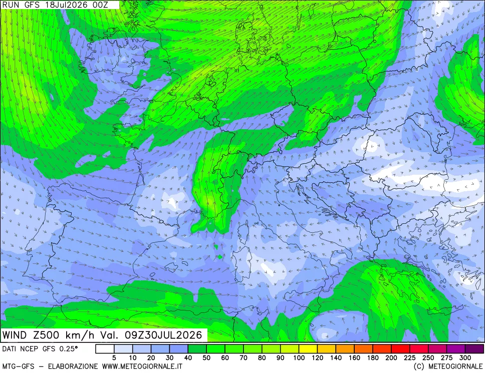 mappa 500 hPa Vento forza e direzione