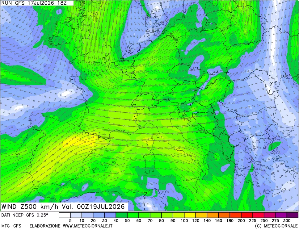 mappa 500 hPa Vento forza e direzione