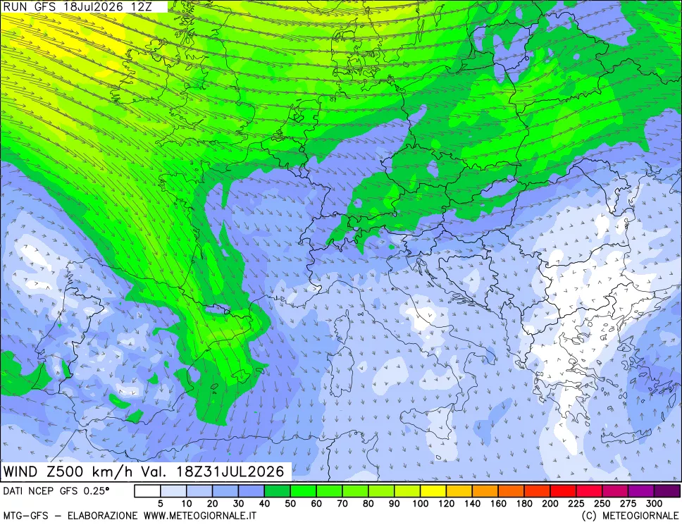 mappa 500 hPa Vento forza e direzione