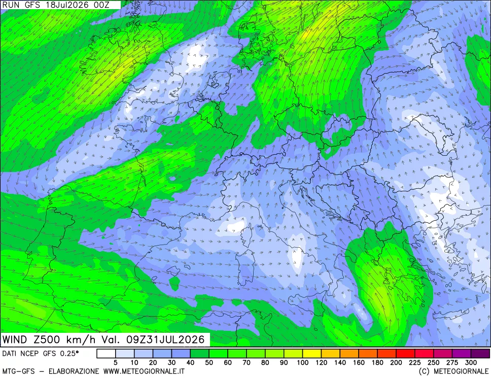 mappa 500 hPa Vento forza e direzione