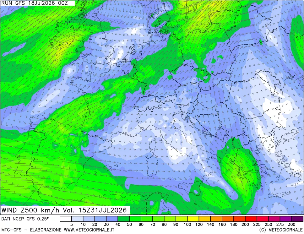 mappa 500 hPa Vento forza e direzione