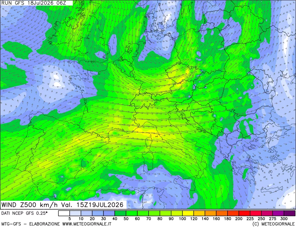 mappa 500 hPa Vento forza e direzione