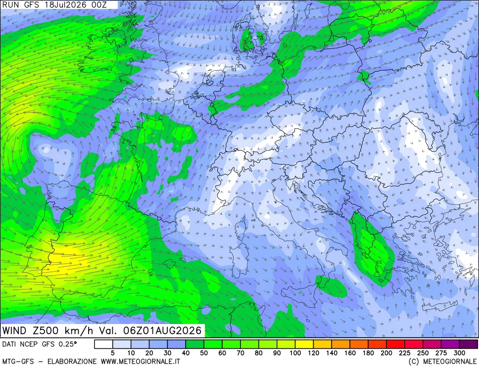 mappa 500 hPa Vento forza e direzione