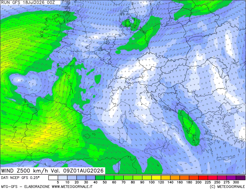 mappa 500 hPa Vento forza e direzione