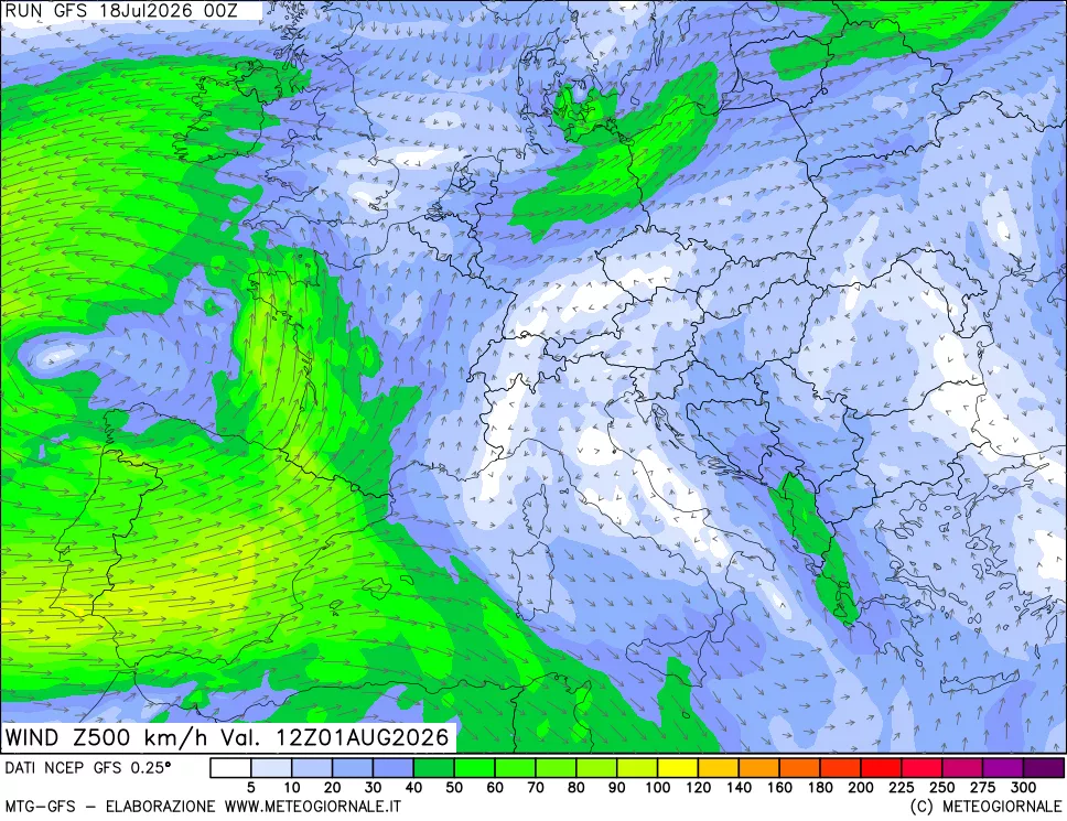 mappa 500 hPa Vento forza e direzione