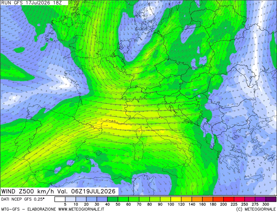 mappa 500 hPa Vento forza e direzione