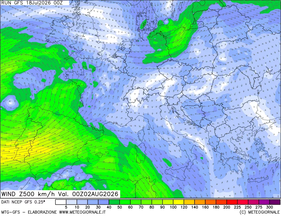 mappa 500 hPa Vento forza e direzione