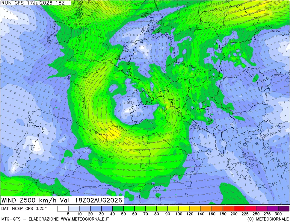 mappa 500 hPa Vento forza e direzione