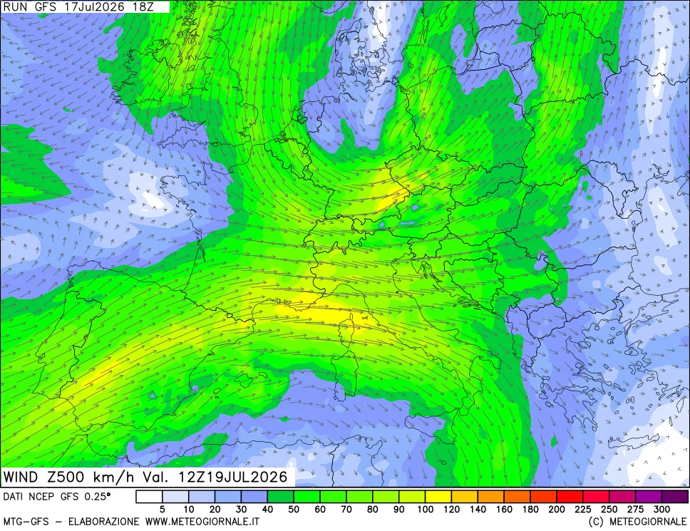 mappa 500 hPa Vento forza e direzione