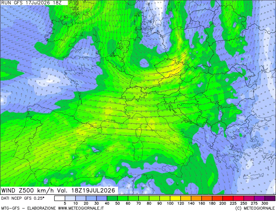 mappa 500 hPa Vento forza e direzione