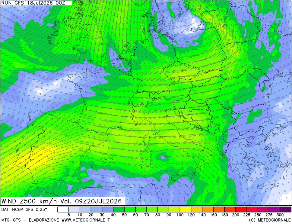 mappa 500 hPa Vento forza e direzione