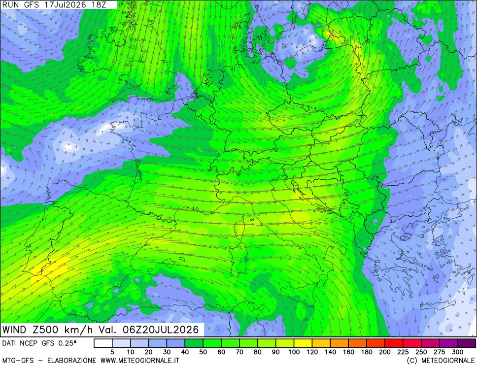 mappa 500 hPa Vento forza e direzione