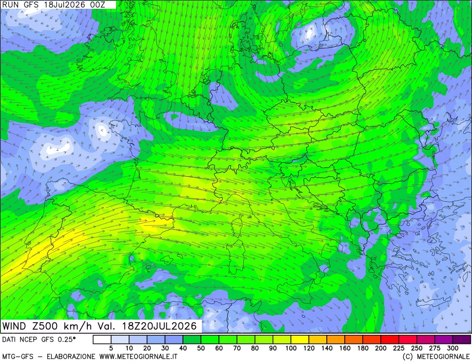 mappa 500 hPa Vento forza e direzione