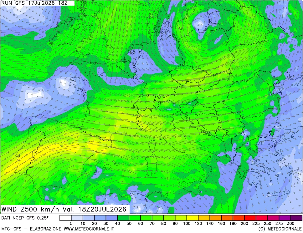 mappa 500 hPa Vento forza e direzione
