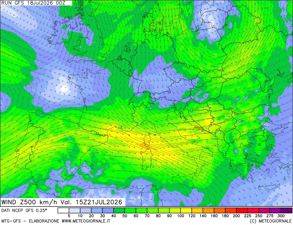 mappa 500 hPa Vento forza e direzione