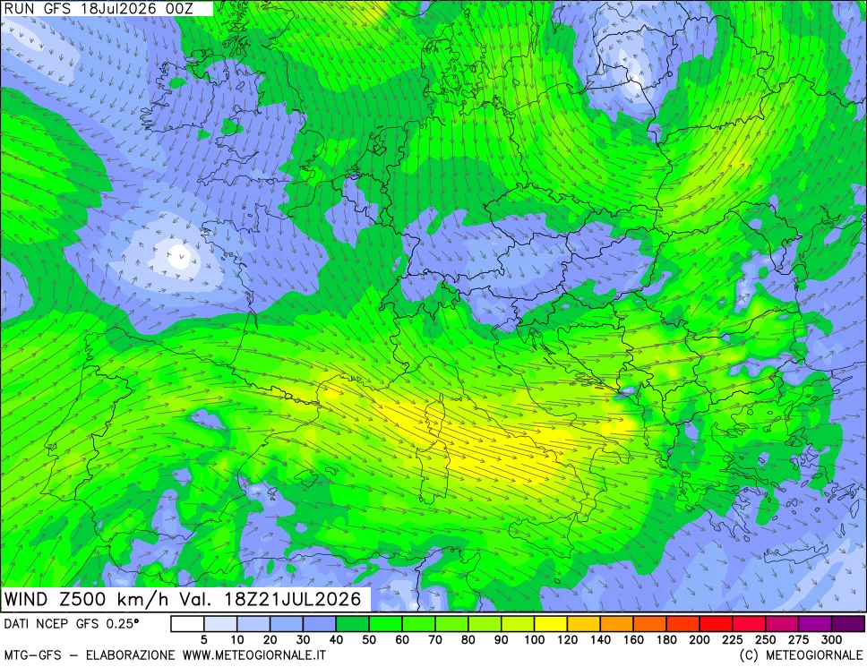 mappa 500 hPa Vento forza e direzione