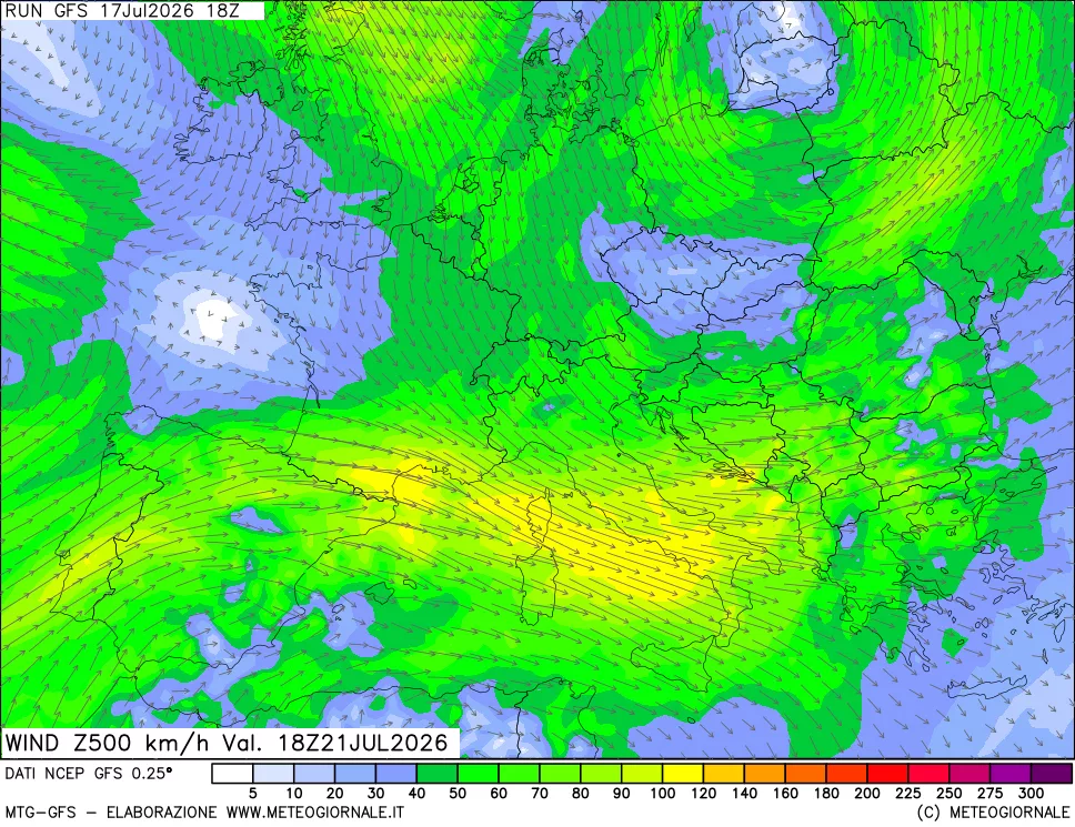mappa 500 hPa Vento forza e direzione