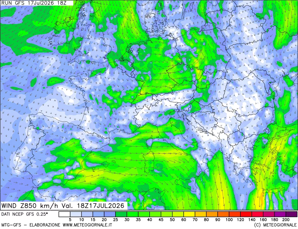 mappa 850 hPa Vento forza e direzione