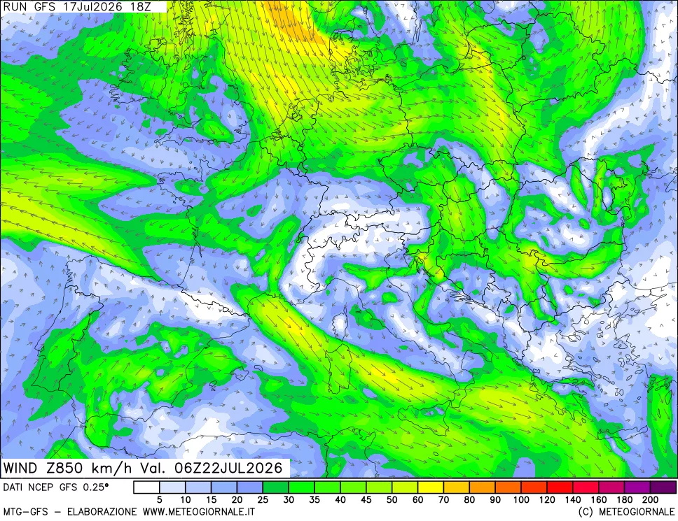 mappa 850 hPa Vento forza e direzione