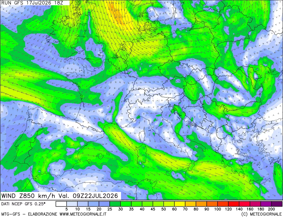 mappa 850 hPa Vento forza e direzione