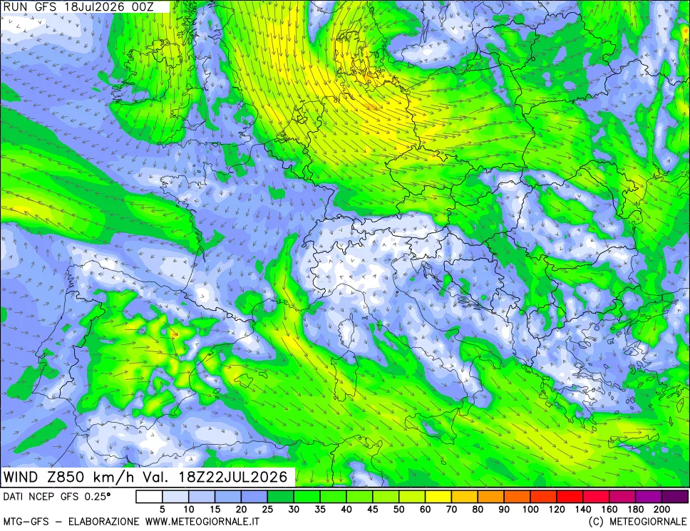 mappa 850 hPa Vento forza e direzione