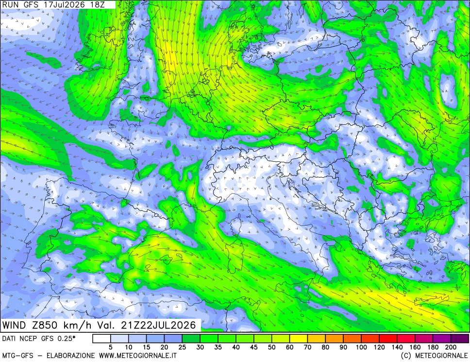 mappa 850 hPa Vento forza e direzione