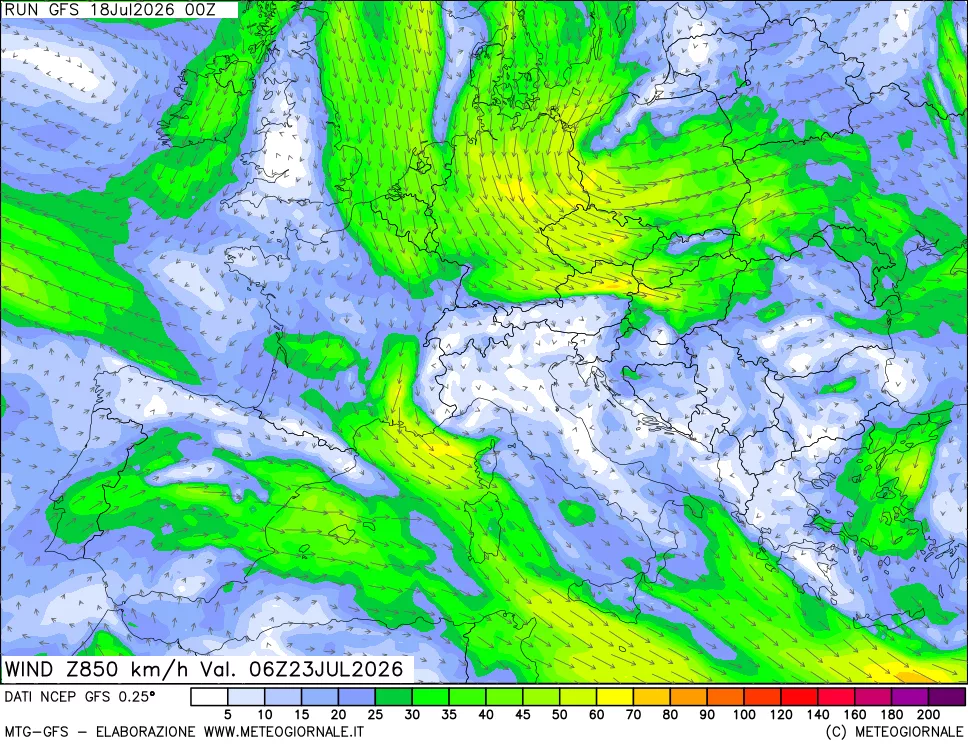 mappa 850 hPa Vento forza e direzione