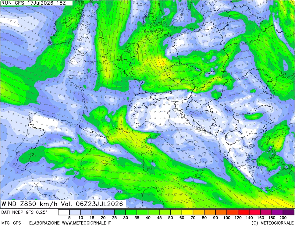 mappa 850 hPa Vento forza e direzione