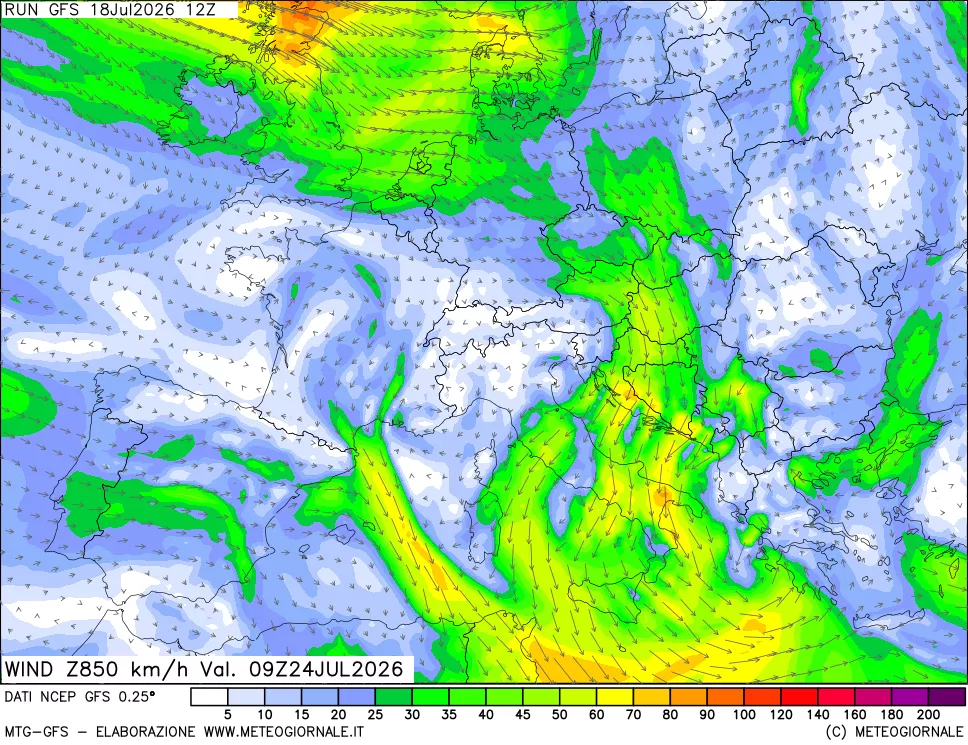mappa 850 hPa Vento forza e direzione