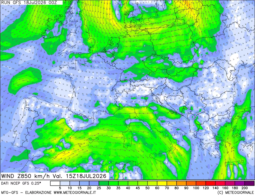 mappa 850 hPa Vento forza e direzione