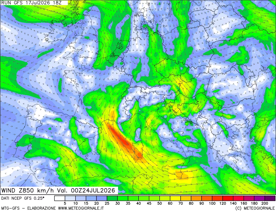 mappa 850 hPa Vento forza e direzione