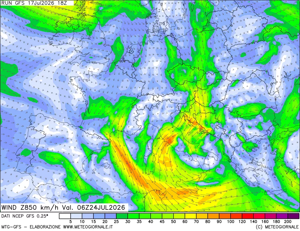 mappa 850 hPa Vento forza e direzione