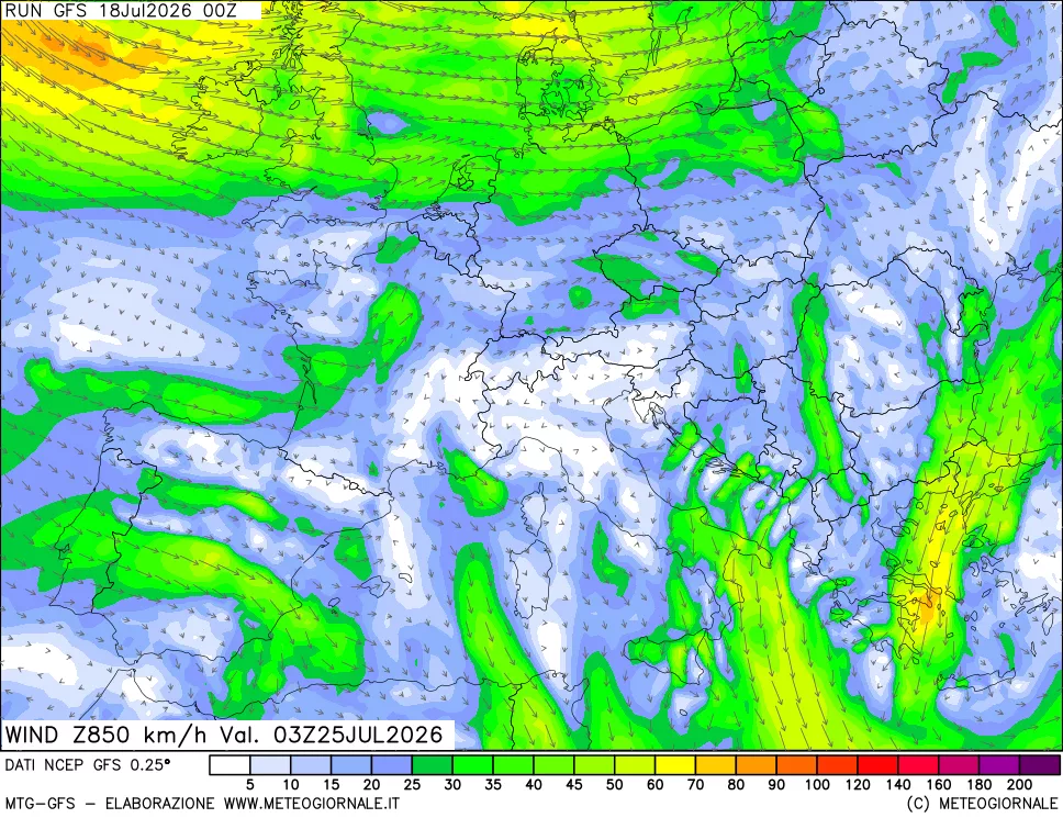 mappa 850 hPa Vento forza e direzione