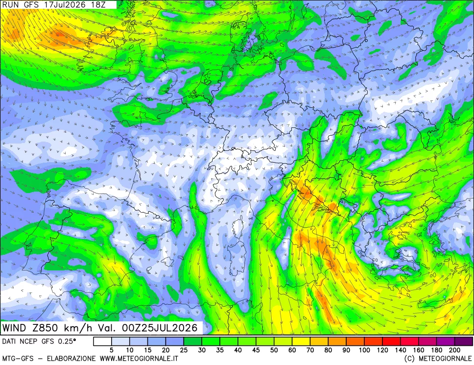 mappa 850 hPa Vento forza e direzione