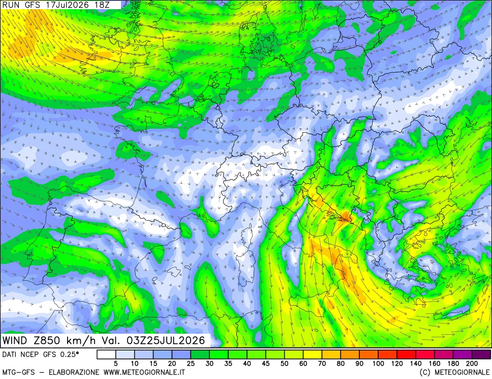 mappa 850 hPa Vento forza e direzione