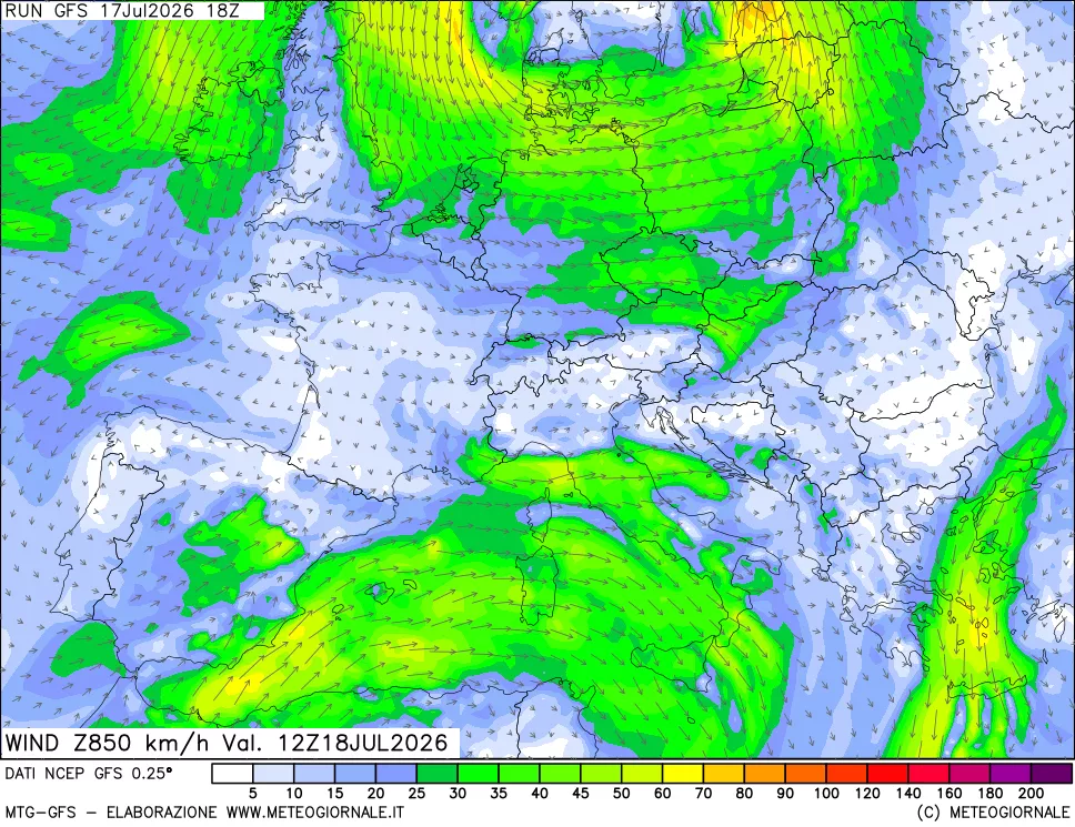 mappa 850 hPa Vento forza e direzione