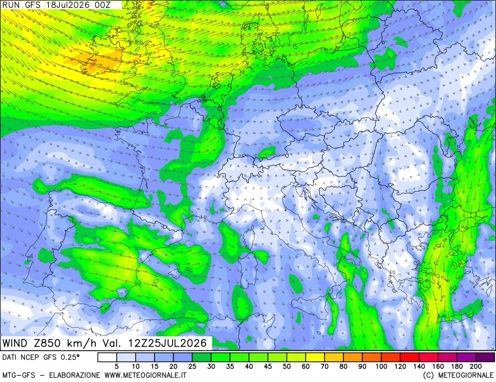 mappa 850 hPa Vento forza e direzione